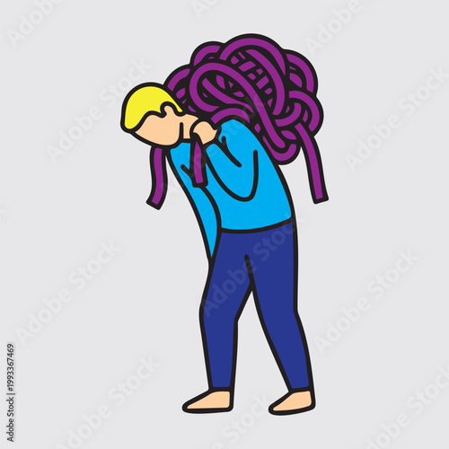 Man carrying heavy burden of tangled ropes on his back.