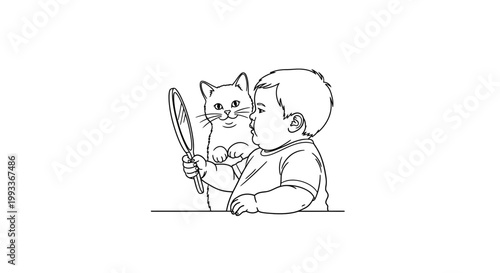 Curious Baby Gazing at a Cat in a Handheld Mirror.