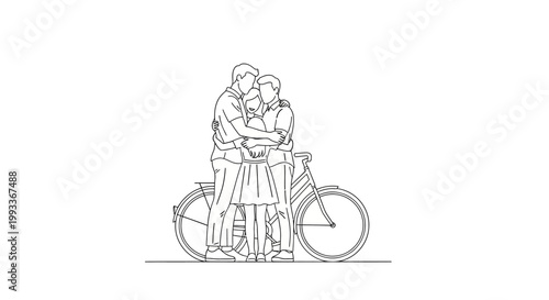 Couple Embracing Beside Bicycle - A Romantic Line Art Illustration.