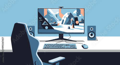 Gaming setup with ergonomic chair and computer.