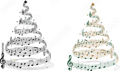 Creative Christmas tree vector concept made of musical notes and staff lines for holiday concerts music festivals and seasonal celebrations