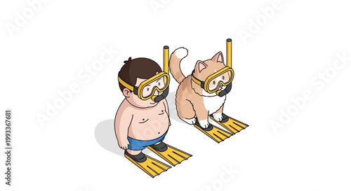 Cartoon man and cat wearing snorkel gear and flippers ready to dive.