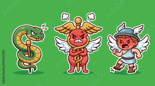 Cartoon Illustrations of Mythological Creatures with Angry Expressions on Green Background.