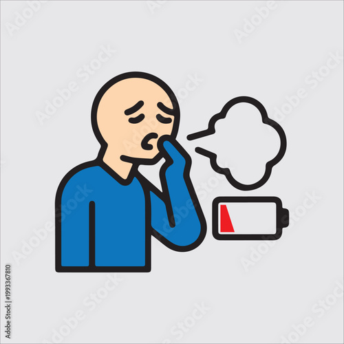 Man experiencing shortness of breath with low battery icon.