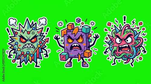 Cartoonish Angry Germs Displaying Aggression on a Green Background.