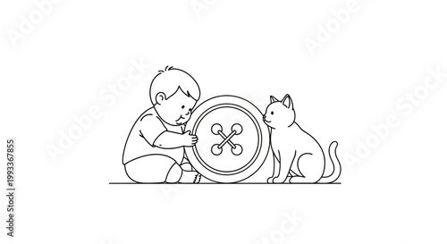 Child and Cat Playfully Interact with a Large Button Together.
