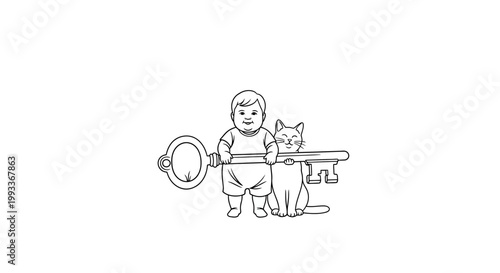 Child and Cat Holding a Large Key, Black and White Illustration.