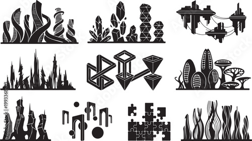 collection of city skylines and futuristic landscapes vector illustration