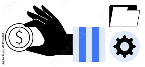 Financial management. A hand holding a coin with folder and gear icons financial organization, strategy, and operations. Financial management for accounting, planning, and optimization