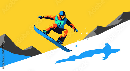 An active snowboarder performing an extreme high jump against the winter sky above an alpine mountain slope during a snowboarding vacation