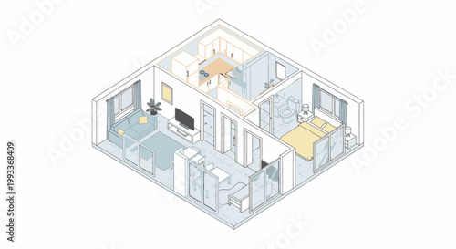 Isometric 3d model of a residential house building with a modern architectural home design and urban estate structure illustration