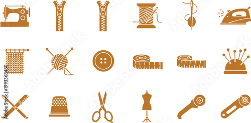 Sewing and tailoring craft icons: comprehensive collection of essential tools for textile projects