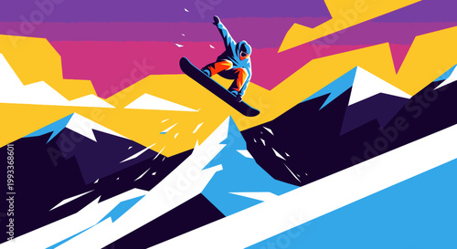 Energetic Snowboarder Mid-Air Performing Jump on Colorful Stylized Sunset Mountain Landscape