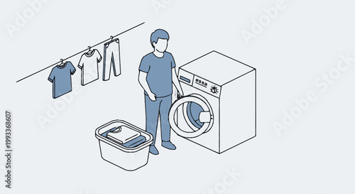Man doing laundry with washing machine and clothesline.