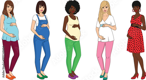 Pregnant Women Collection Featuring Diverse Female Characters in Different Outfits and Poses for Motherhood Lifestyle Healthcare and Family Illustration Design.