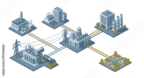 Isometric Energy Distribution Grid with Industrial Buildings, Power Plants, and Residential Areas