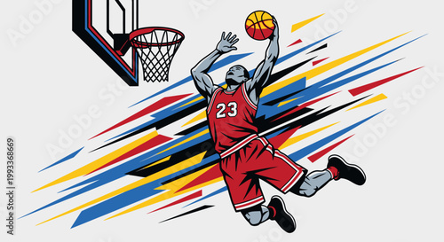 Dynamic Basketball Player in Red Jersey Performing Slam Dunk with Colorful Abstract Background