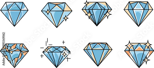 Collection of stylized diamond icons in various states of sparkle and completeness