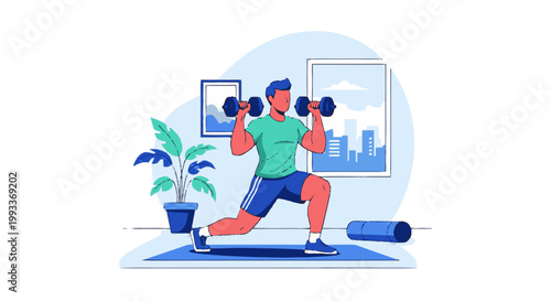 Man performing dumbbell lunges at home for fitness.