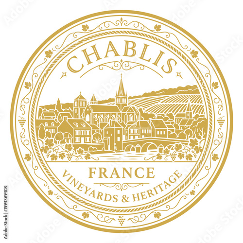 Chablis France wine seal featuring vineyard townscape isolated on white vector illustration