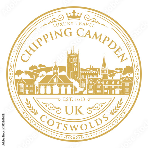 Chipping Campden Cotswolds luxury travel emblem with gold town skyline vector illustration