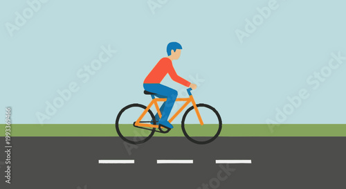 Man riding a bicycle on a road with a blue sky.