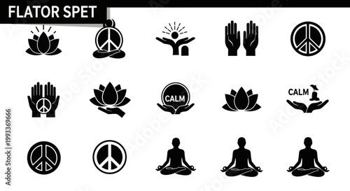 Black silhouettes of meditation symbols.