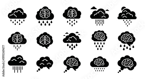 Brain rain storm thoughts icons set.