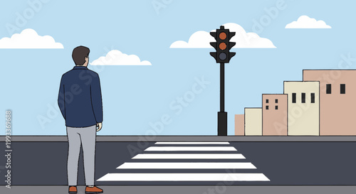 Man standing at pedestrian crossing waiting for traffic light.