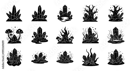 Black silhouettes of various mushrooms.
