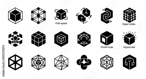 Black geometric shapes and symbols.