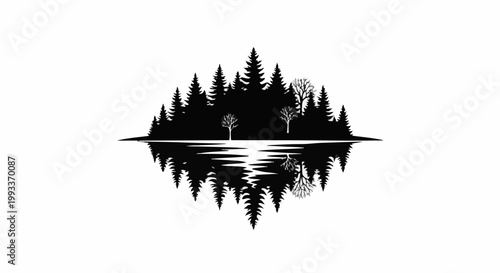 A minimalist black and white silhouette of a forest reflected in water