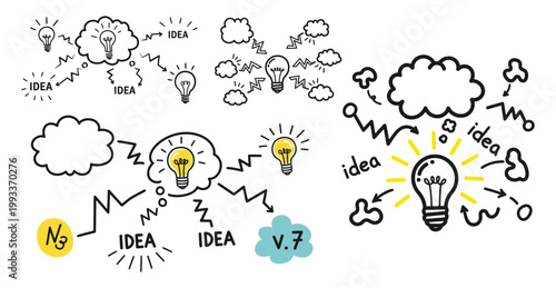 This vector illustration graphic design depicts a collection of hand-drawn light bulbs and thought bubbles symbolizing the generation and flow of creative ideas and innovation.