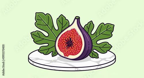 A stylized purple fig sliced open, revealing red pulp and seeds, on a marble dish with green leaves