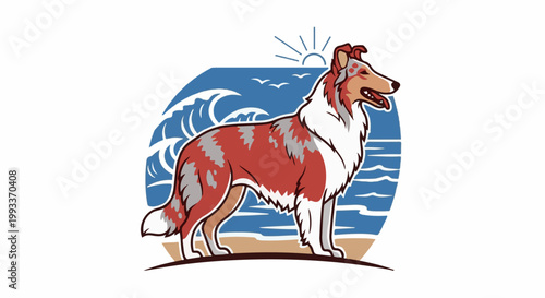 A stylized merle collie stands on a beach with ocean waves and sun