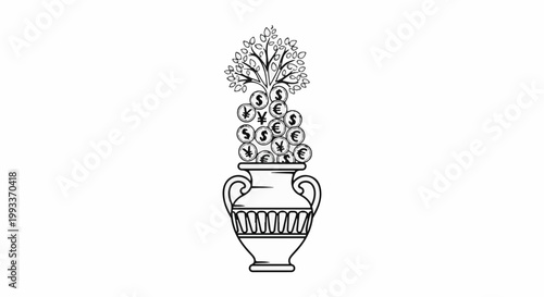 A stylized tree grows from a vase filled with currency coins