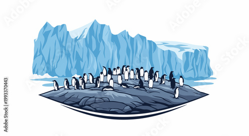 A colony of penguins gathered on icy rocks near a large iceberg