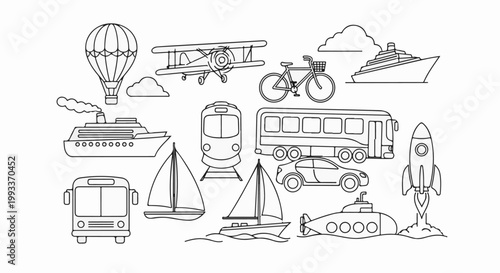 A collection of diverse transportation vehicles and modes depicted in a simple line drawing style