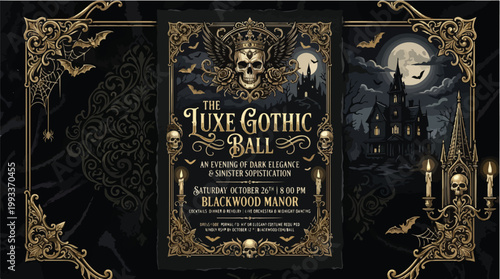 Elegant Gothic Ball Invitation Vector Illustration Halloween Party Spooky Costume Event Design Blackwood Manor