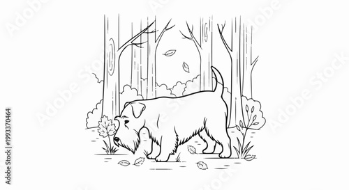 A terrier dog explores a forest with falling leaves around