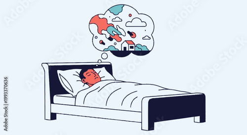 Person sleeping in bed dreaming of various scenes.