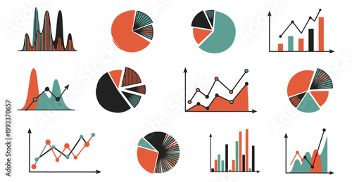 Comprehensive vector graphic illustration set of diverse business analytics charts and financial data visualization graphs for reports and presentations.