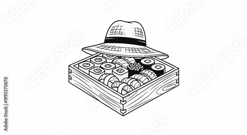 A black and white sketch of a hat atop a wooden box filled with various sushi rolls