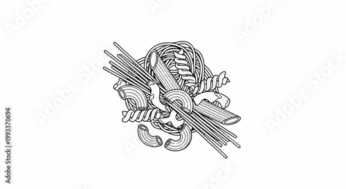 A black and white illustration of a pile of assorted dry pasta shapes