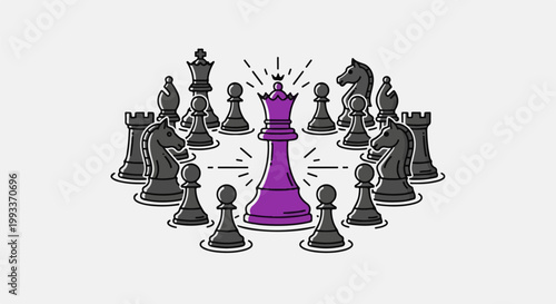 A purple queen chess piece is surrounded by grey pieces and crowned