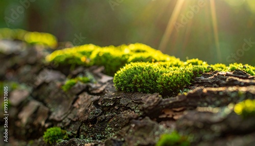 Macro photography of lush green moss growing in the deep cracks of rough tree bark at sunset.