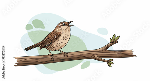 A small, brown bird with its beak open is perched on a tree branch with leaves