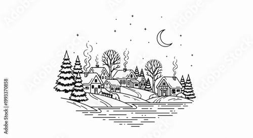 A charming winter village scene under the night sky, featuring homes with smoking chimneys