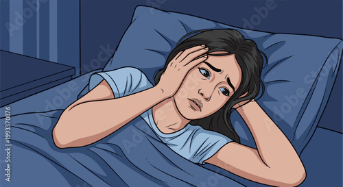 Woman with dark hair lying in bed at night, hands on head, looking distressed
