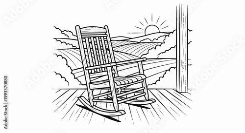 Wooden rocking chair on a porch overlooks rolling fields at sunset